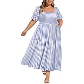 RITERA Plus Size Dresses for Curvy Women Square Neck Short Sleeve Summer Floral Smocked Maxi Dress with Pocket XL-5XL