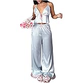 SweatyRocks Women's Pajama Sets 2 Piece Cute Sleepwear Spaghetti Strap Camisole and Wide Leg Pants Sleepwear Set
