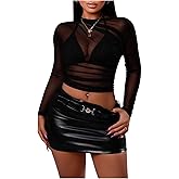 RoseSeek Women's Long Sleeve Mesh Tops Ruched Crew Neck See Through Tight T Shirts