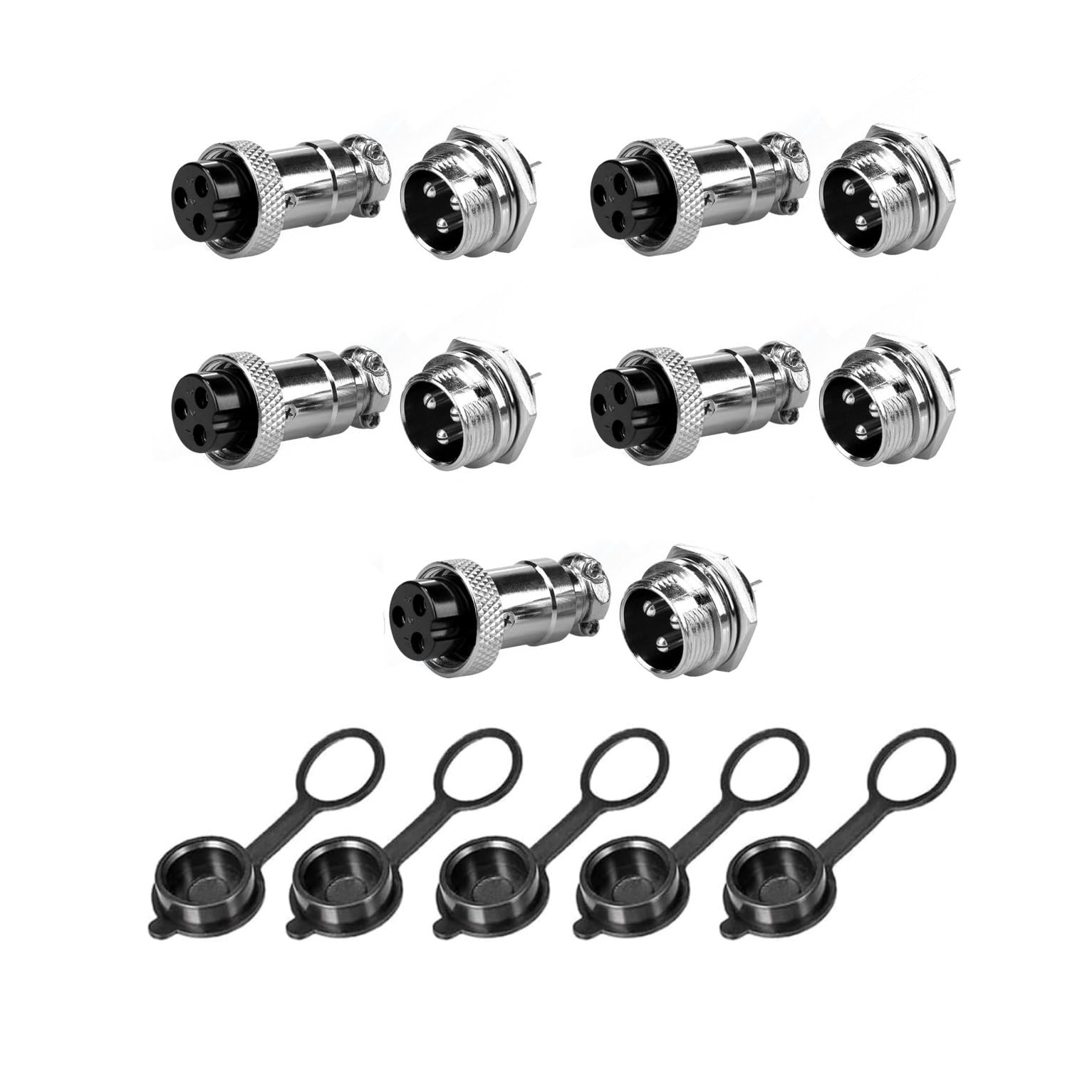 JZK 5X 3-Pin GX16 Aviation Connector, 16mm Thread 5A Female and Male Panel Metal Aviation Cable Connector, Aviation Wire Connector Plug Socket with Rubber Cap