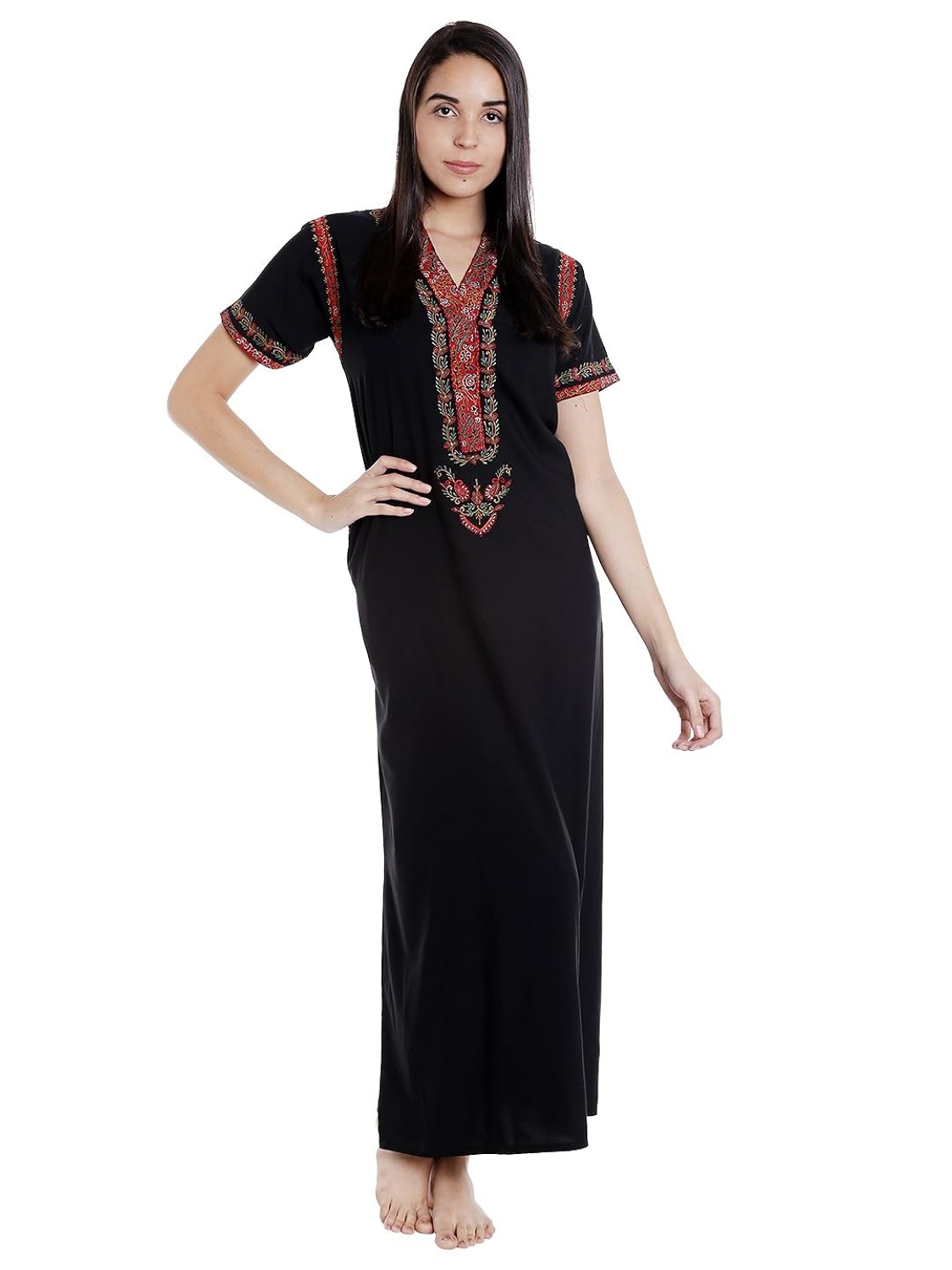 plain straight fit night gown for womens - nighty fabric bizzy lizzy - ladies maxi with v neck has embriodary, half sleeves and has 2 side slip pocket -