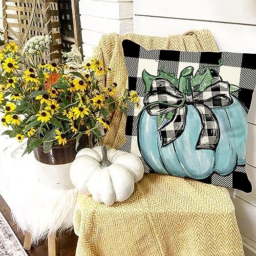 CROWNED BEAUTY Fall Outdoor Decorative Throw Pillow Covers 18 x 18 Inch Set of 4, Plaid Pumpkin Mason Jars Farmhouse Pillowcases for Decoration (Blue) CP056-18