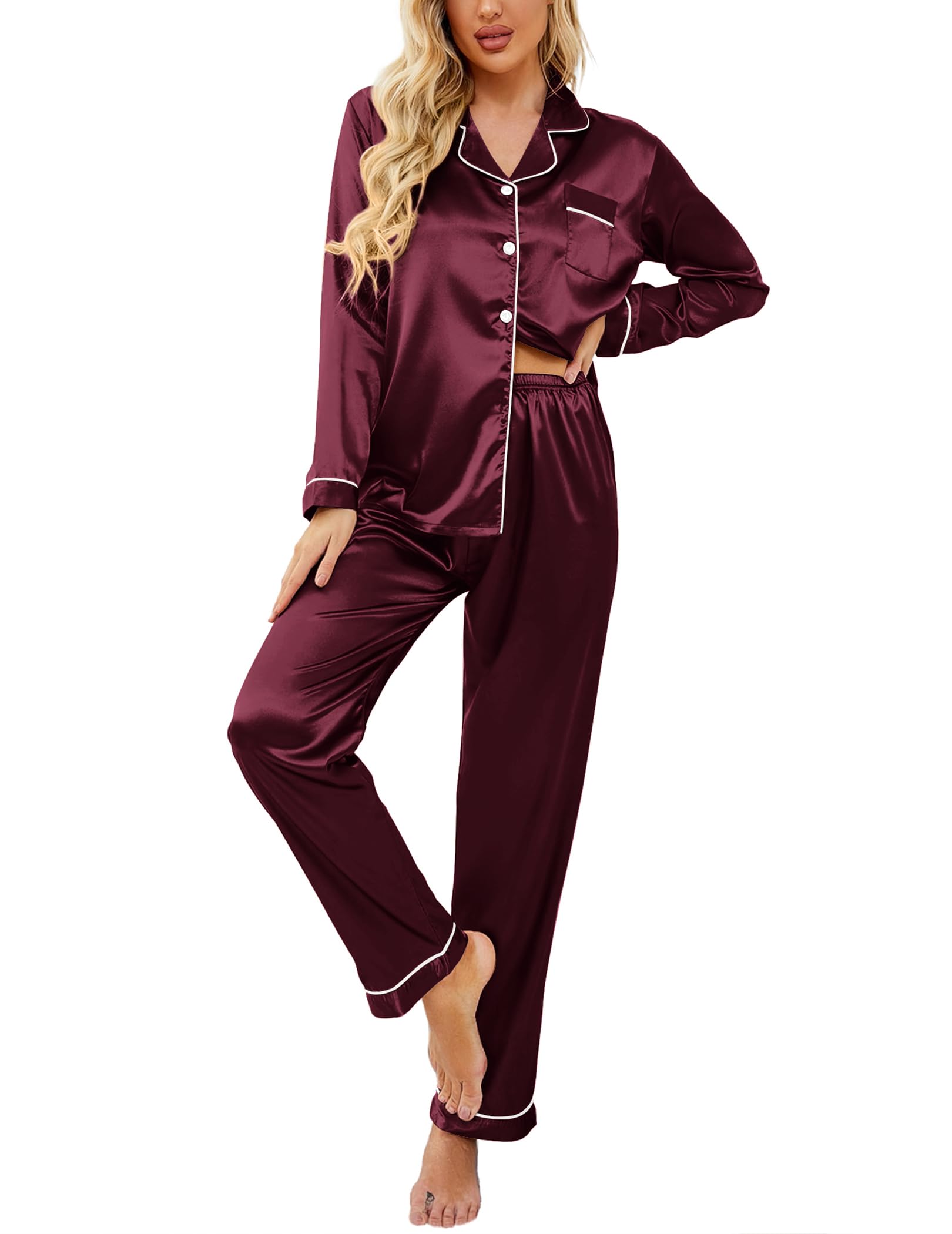 Ekouaer Women's Classic Button Down Long Satin Silk Pajama Set，XX-Large，Burgundy Image