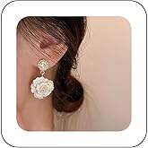 Erimberate Bohemian Pearl Camellia Dangle Earrings White Enamel Camellia Drop Earrings Crystal Cz Pear Stud Earrings Pearl Camellia Flower Earrings Jewelry for Women(White)