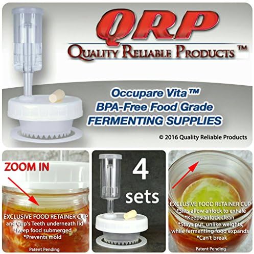 4 QRP Mason Jar Lids Fermentation Kits keeps food submerged underneath brine w/ Exclusive Food Retainer Cups, installed Grommets, Seals, Stoppers, &amp; Airlocks (2 REGULAR MOUTH &amp; 2 WIDE MOUTH)