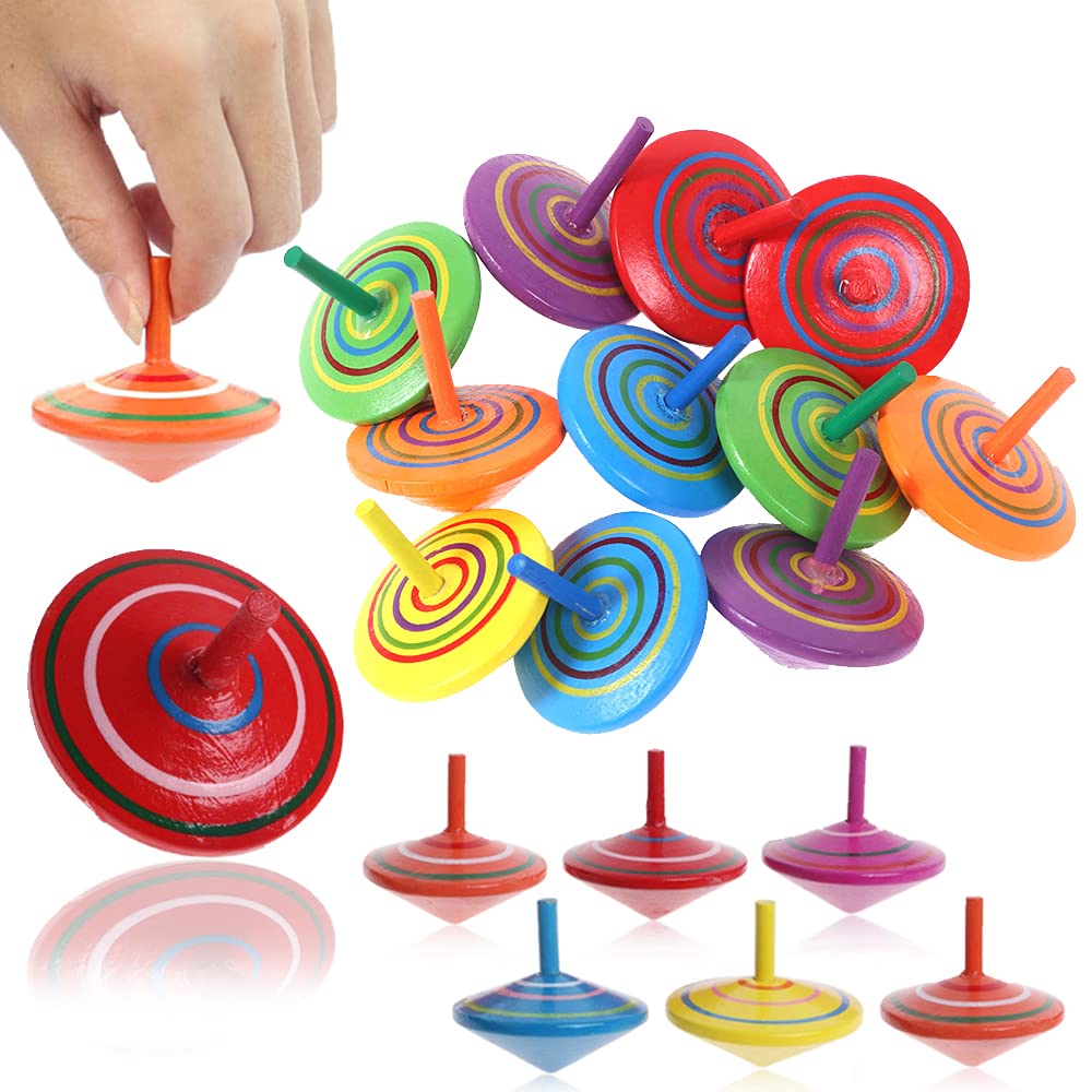 Wooden Spinning Top, Shienus 20Pcs Colorful Handmade Painted Wood Spinning Top Toy Desktop Flat Wooden Peg-Top Gyro Toy Children Kids Gift for Kids Children