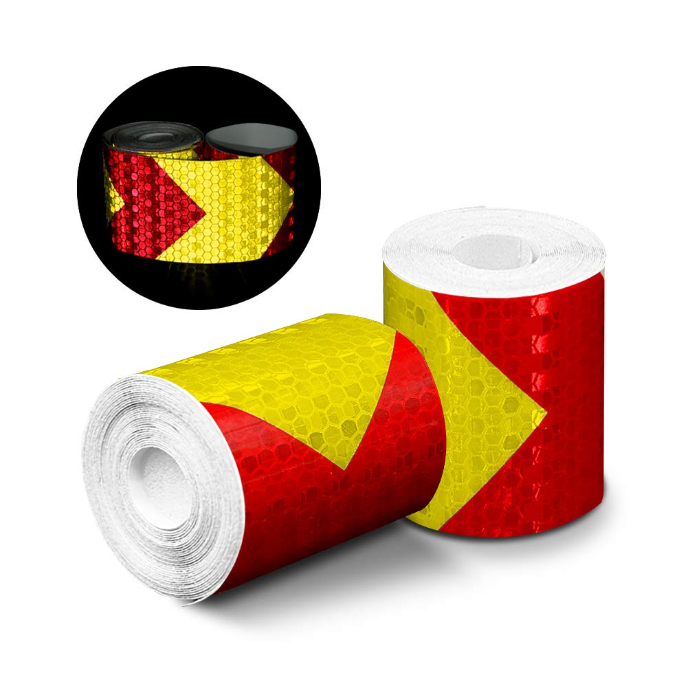 Reflective Tape, 2pcs 3m*50mm High Intensity Prismatic Waterproof Arrow Shape Reflective Safety Warning Tape Vinyl Roll Self-Adhesive Security Marking Tape (Red&Yellow)