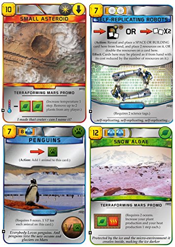 Stronghold Games Terraforming Mars - 4 Pack Promotional Cards : Penguins, Self-Replicating, Small Asteroid, Snow Algae