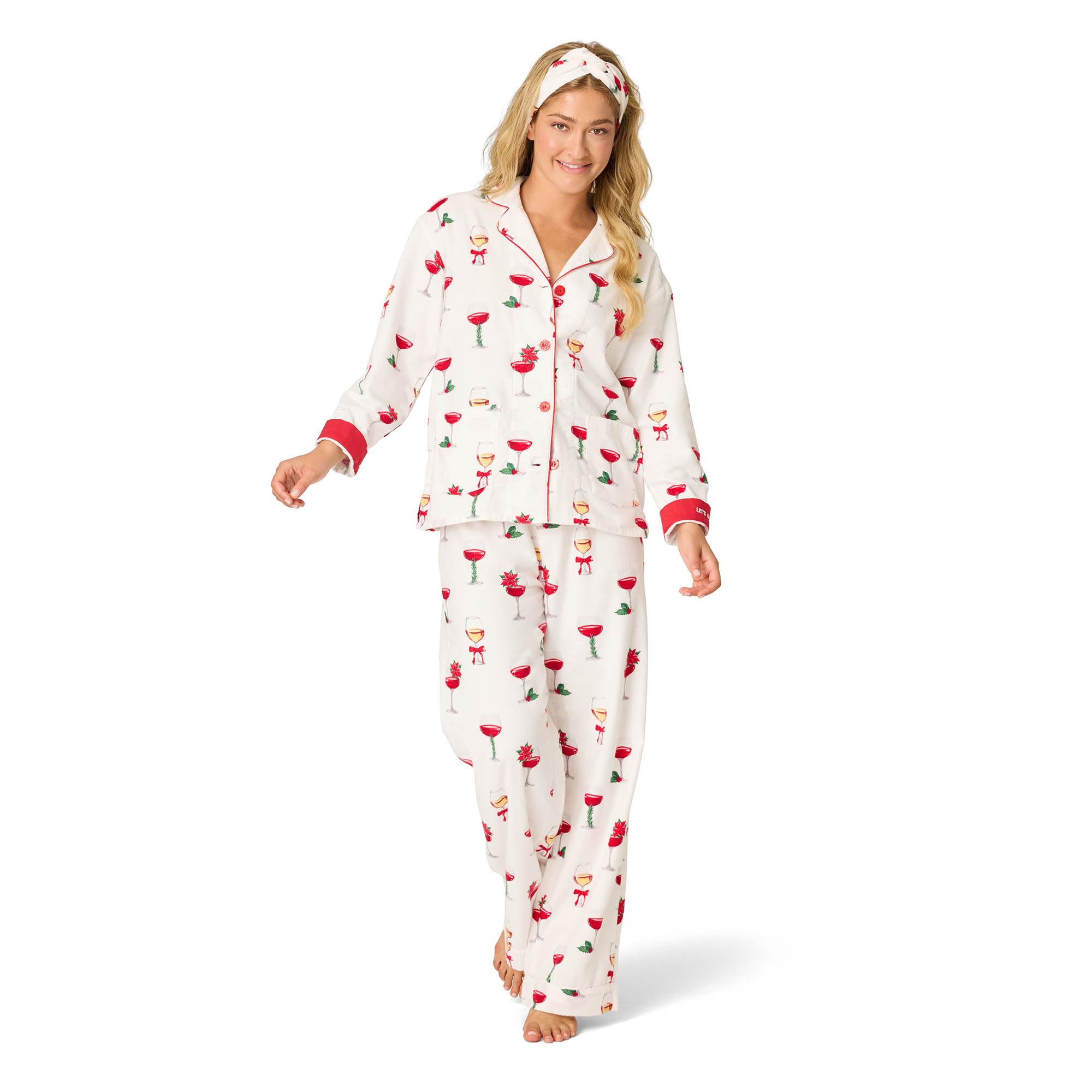 P.J. Salvage Women’s Cotton Flannel Long-Sleeve Top, Pant and Headband 3-Piece Pajama Set, Ivory, X-Small