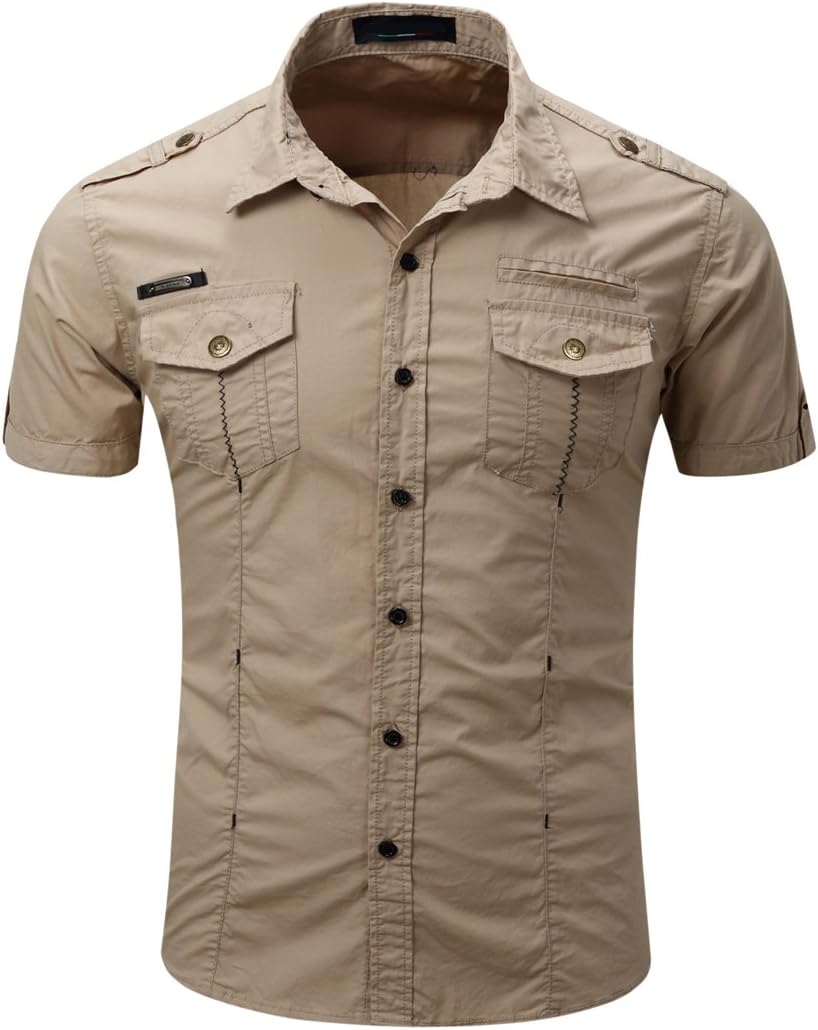 Mens Classic Short Sleeve Single Breasted Army Style Formal Shirts Sizes Regular Fit