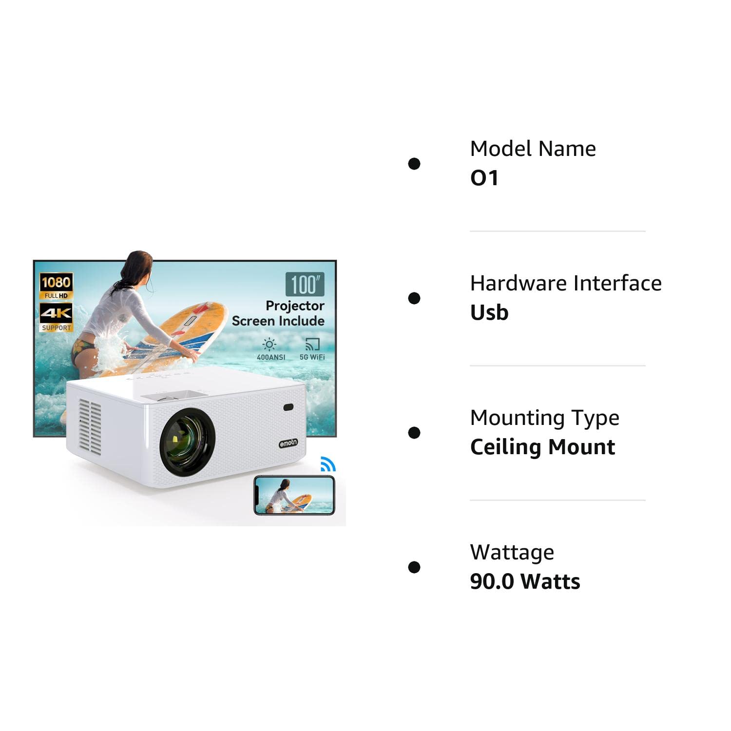 Emotn O1 Native 1080P Projector with WiFi and Bluetooth, 100