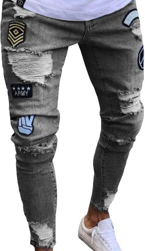 Men's Distressed Slim Denim Pants Hip Hop Ripped Holes Patch Work Skinny Jeans