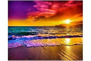 Sonsage 5D Diamond Painting Beach Art for Adult,Sunset on Sea Beads Drills Cross Stitch Embroidery Dimond Paintings Kits,DIY Gem Arts and Crafts for Kids 16x12 Inch