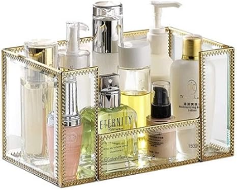 Amazon Co Jp Zlmmy メイクアップ オーガナイザー アンティーク カウンタートップ コスメ 収納ボックス ガラス ビューティディスプレイ ゴールド 大容量 ホルダー ブラシ 口紅 スキンケア トナー用 ホーム キッチン