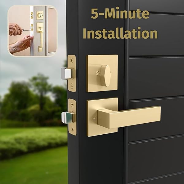MEGA HANDLES – TOBELLE ENTRY DOOR HANDLESET IN SATIN BRASS FINISH – SINGLE CYLINDER HANDLESET WITH LEVER FOR ENTRANCE AND FRONT DOORS – MODERN DOOR HANDLES FOR LEFT AND RIGHT-HANDED DOORS