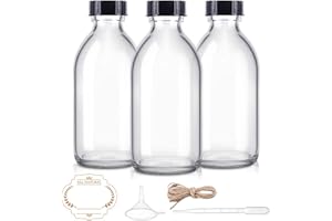 ELUMEIRO 8oz Clear Glass Bottle with Lids, 3 Pack Round Empty Containers Leakproof Refilllable Sample Dispensing Bottles for Homemade Vanilla Extract, Essential Oils, Potion, Juice, Ginger Shots, Liquids
