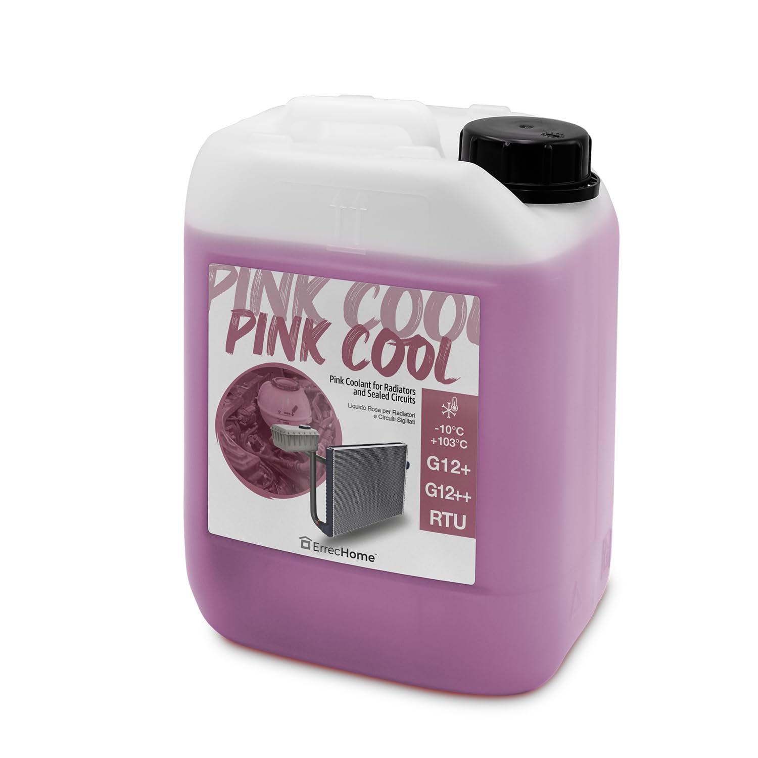 ERRECHOME Pink Cool, Pink Coolant and Antifreeze -10°C/+103°C, Formulation with 100% silanized Si-OAT inhibitor package, G12+, G12++, Ready to Use, 5 Litre