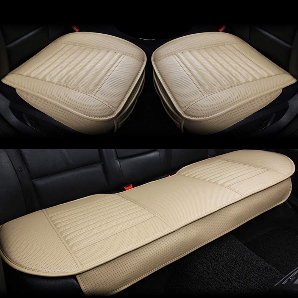 HONCENMAX Car Seat Cover Cushion - Edge Wrapping Pad Mat - Auto Car Supplies - PU Leather Bamboo Charcoal [Without Backrest] - Beige 3 Pack