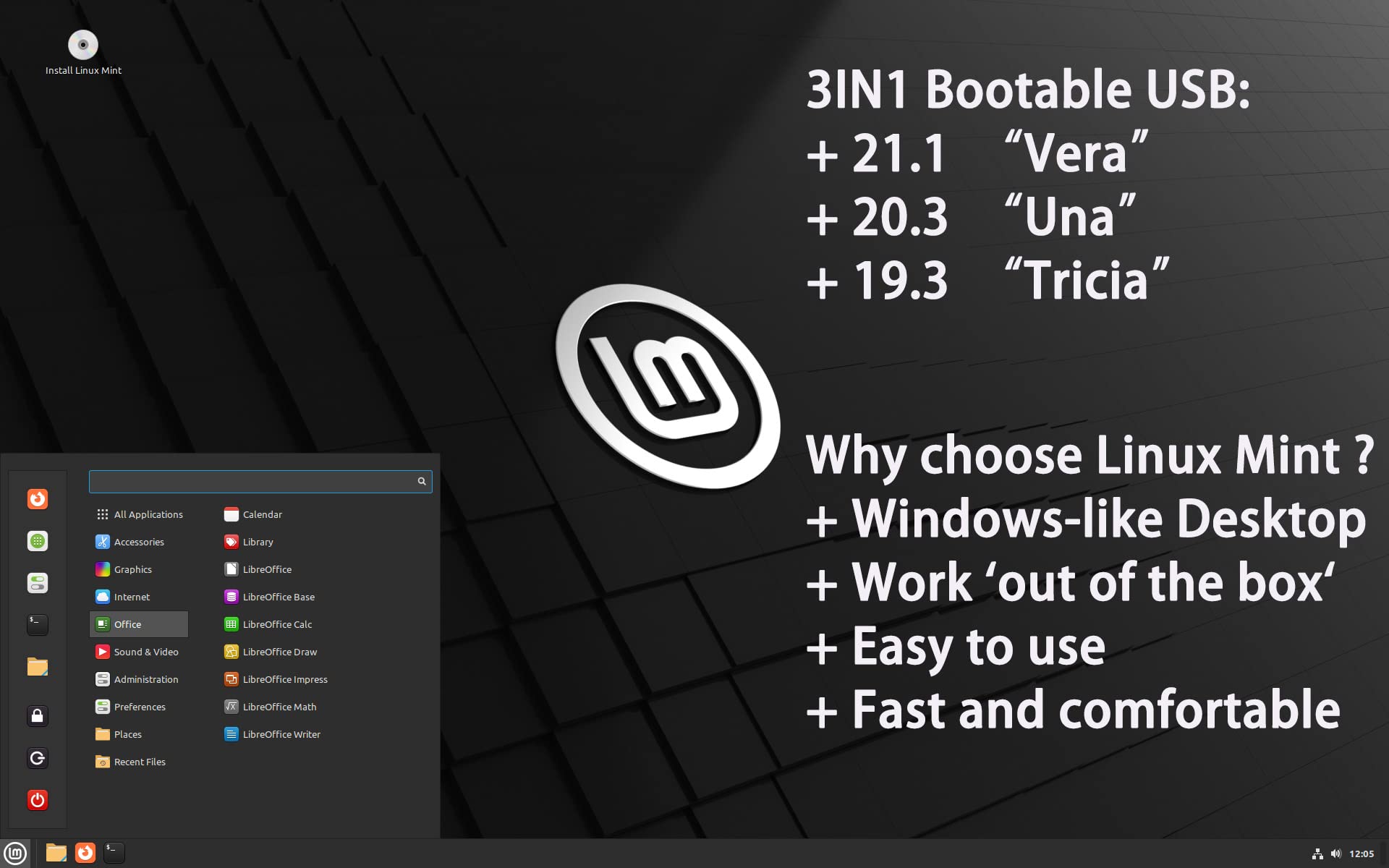 USB for Linux Mint 22 & 21.3 64bit,19.3 32bit | 3IN1 Bootable Linux USB for Linux Mint, Flash Drive,USB Stick,Jump Drive,Pendrive,Thumb Drive