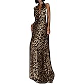 Women's Sexy Leopard Print Halter V Neck Dress Sleeveless Backless Lace Up Maxi Dresses for Party Cocktail Evening