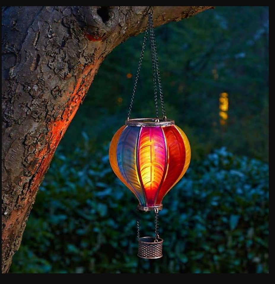 garden mile Balloon Fiesta Realistic Flaming Effect Solar Powered Hot Air Balloon Hanging Lantern Colourful Metal Solar Light for Garden Outdoor Indoor Use Novelty Patio Lighting (Rainbow)