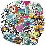 Cute Beach Surf Stickers for Water Bottle, Girl Lovely Ocean Vinyl Laptop Skateboard Computer Phone Travel Case Guitar Snowboard Luggage Bike Phone Graffiti Decal 50Pcs