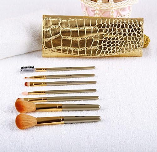 CUGBO 7 PCS Makeup Brush Set Professional Wood Handle Premium Synthetic Kabuki Foundation Blending Blush Concealer Eye Face Liquid Powder Cream Cosmetics Lip Brush Tool Brushes Kit ( Gold Case Bag)