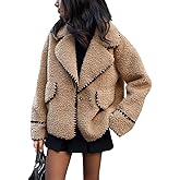 myzgx Women's Fuzzy Fleece Embroidered Jacket Notch Lapel Winter Faux Fur Sherpa Jacket Coat
