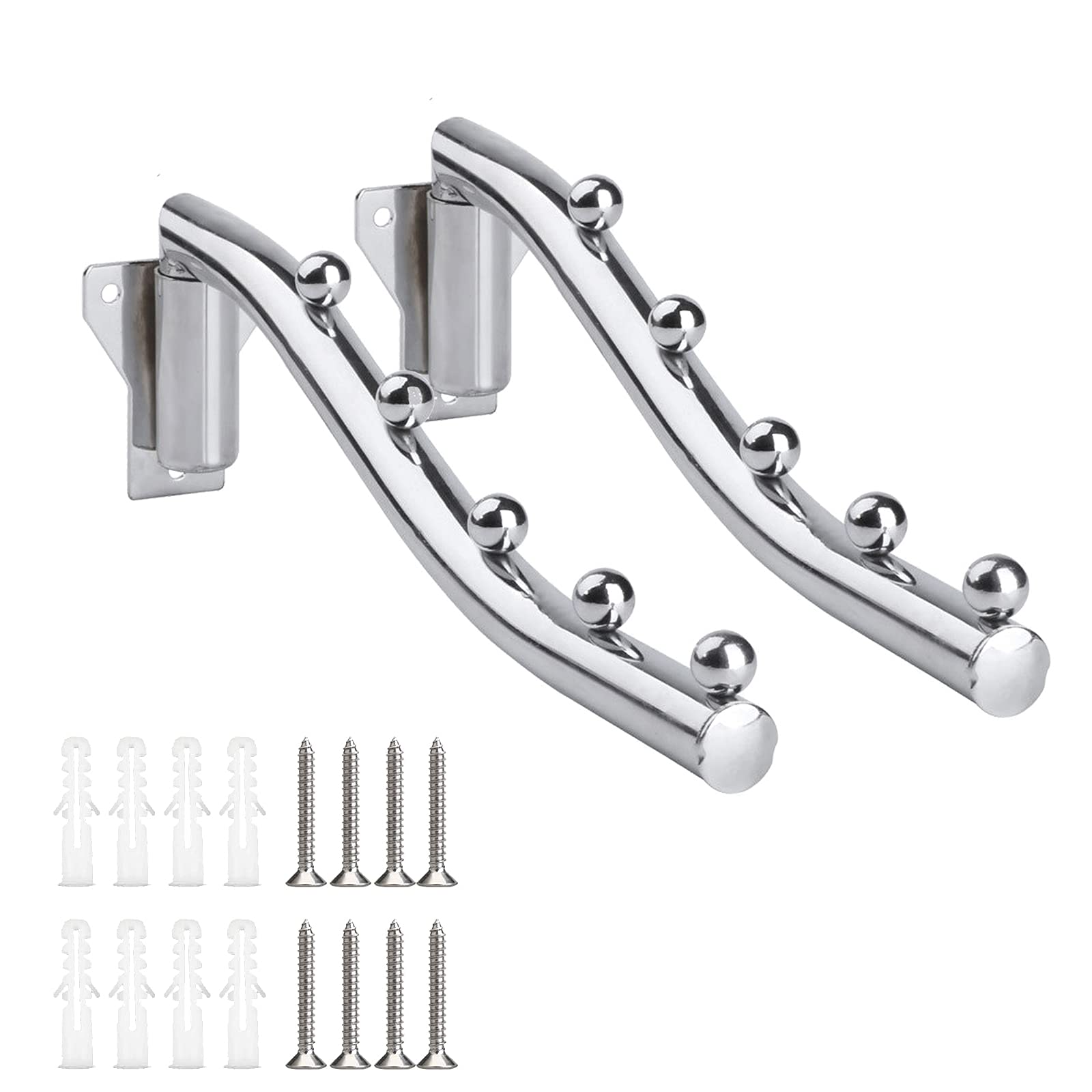 MILESTEM 2 x Folding Coat Rack with Swivel Arm Bracket, Wall Hanger, Stainless Steel Folding Wall Hanging Hook with 5 Wall Hooks for Balcony, Cabinet, Kitchen, Laundry