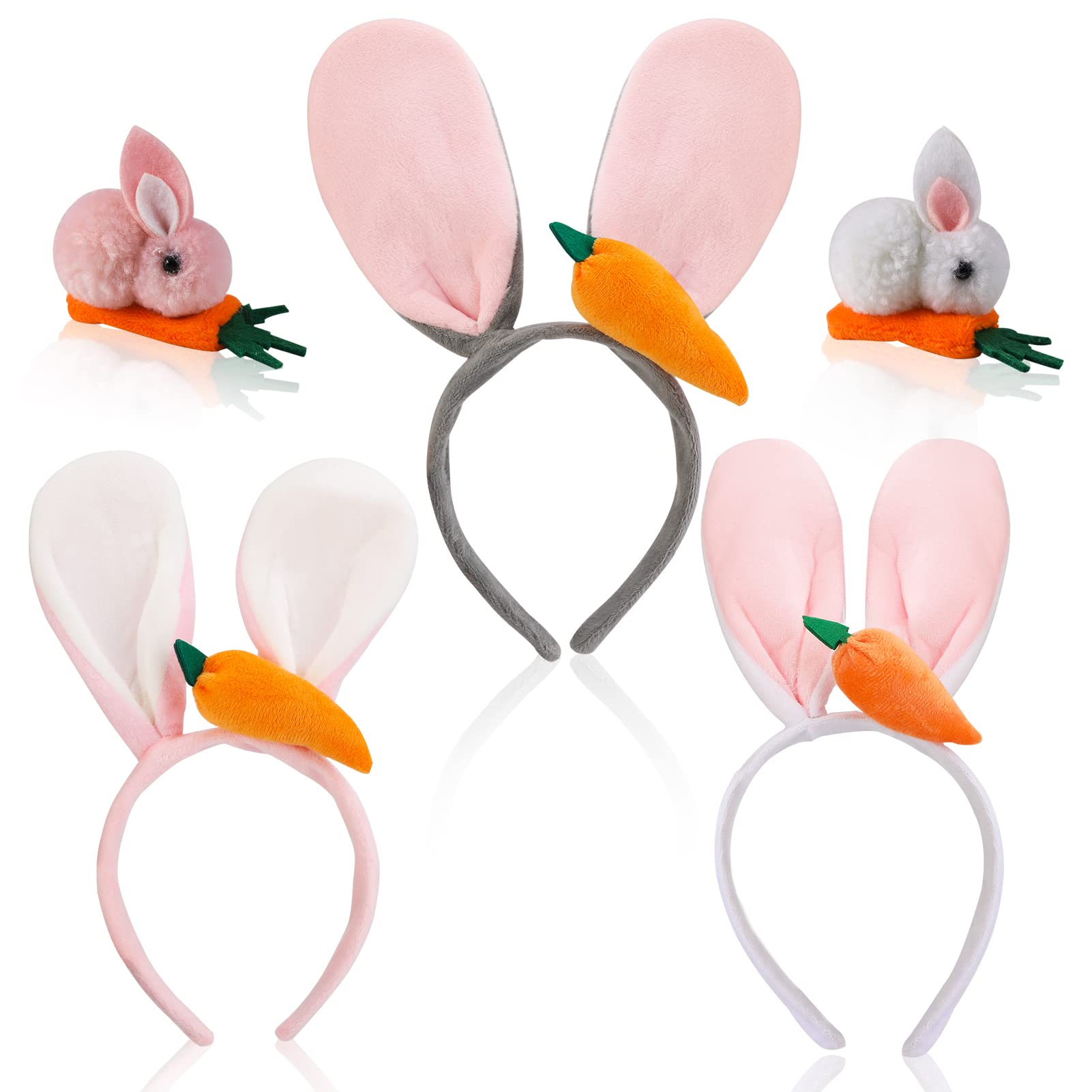 DPKOW 3pcs Easter Bunny Ears Headbands, 2pcs Bunny Hair Clips, Carrot Rabbit Headbands for Kids Adult Easter Bunny Costume Accessories Outfit, Cute Easter Party Favor Decorations, One Size Fits Most