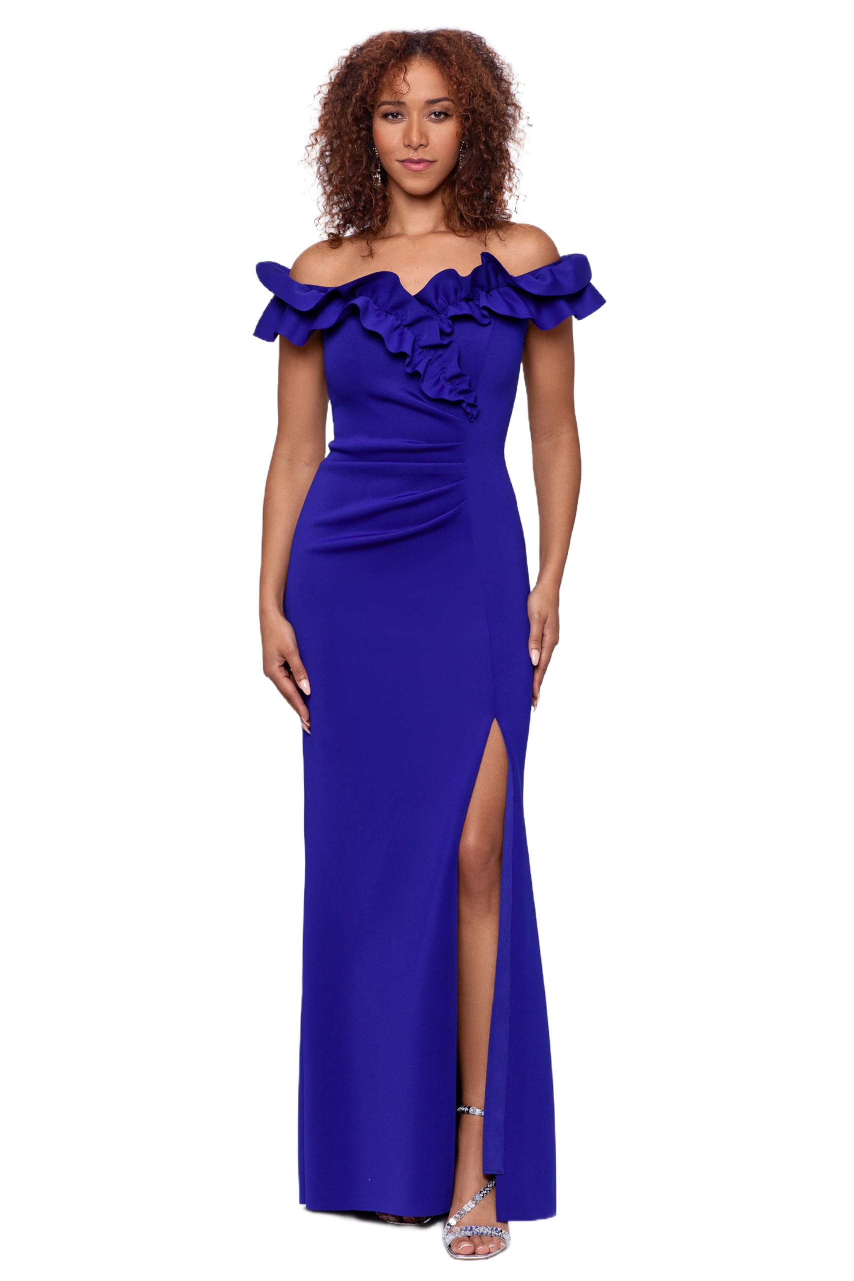 Xscape Women’s Long Stretch Scuba Crepe Ruffle Collar Ruched Dress, Marine, 8