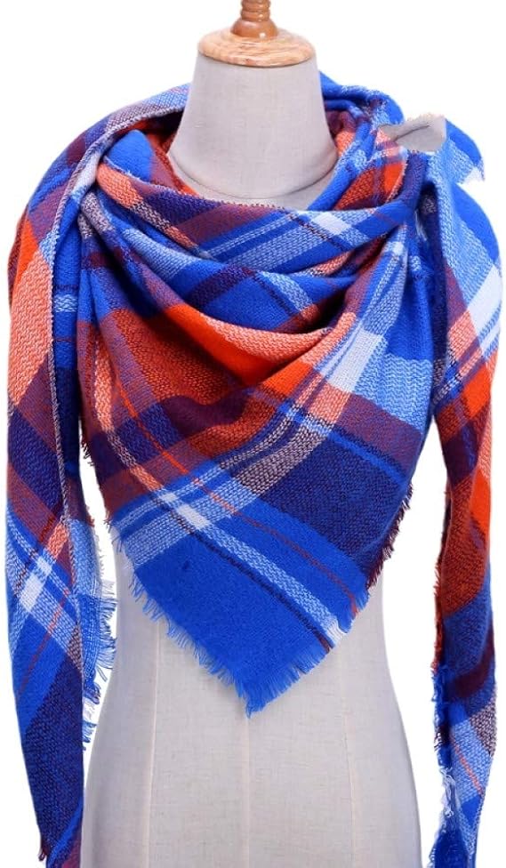 QWKLNRA Scarves Women Cotton，Blue Check Pattern Women Scarf Shawl