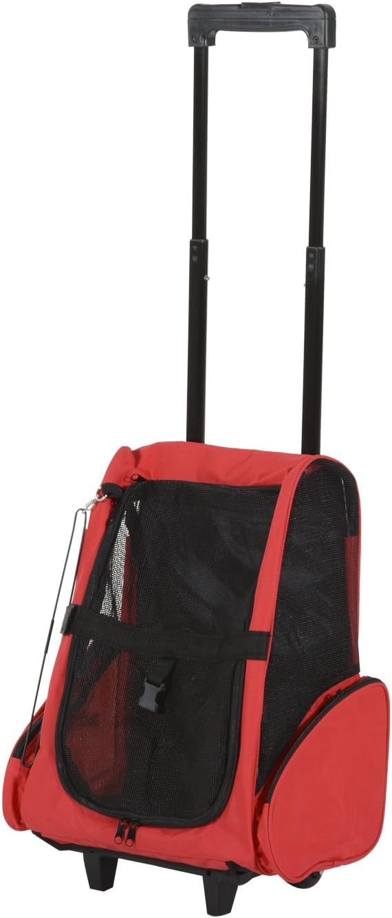 PawHut Pet Travel Backpack Bag Cat Puppy Dog Carrier w/ Trolley and Telescopic Handle Portable Stroller Wheel Luggage Bag (Red)