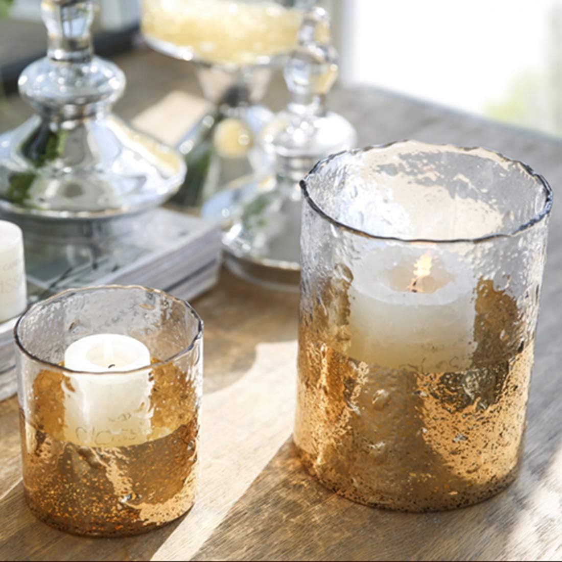 cyl home Hurricane Candleholders Hammered Clear Glass with Sparkler Golden Decor Dining Table Centerpieces Vases Gifts for Wedding Housewarming Christmas Party，6.9'' Height.: Home & Kitchen