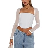 REORIA Women's Sexy Mesh Long Sleeve Boned Corset Top Trendy Y2K Square Neck Going Out Bustier Crop Tops