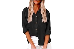 HINVHAI Linen Button Down Shirt Women Cotton Long Sleeve Shirt Casual Solid Color Tops Classic Work Shirts Collar Blouse Tops
