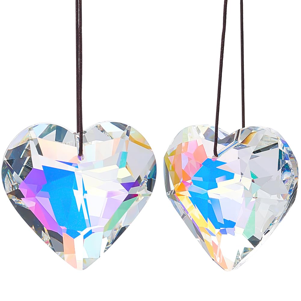 Beebeecraft 2Pcs Crystal Heart Prism Sun Catcher Dangle Hanging 45mm Clear AB Glass Rainbow Suncatcher Pendant Ornaments for Wall Windows Room Garden Indoor Outdoor Decorations