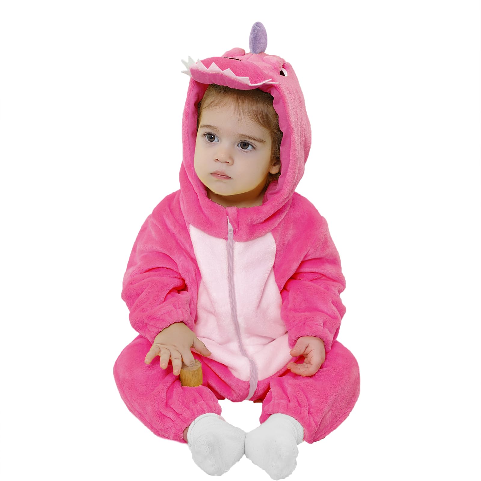 LOLANTA Unisex Baby Dinosaur Costume, Toddler Hooded Animal Fancy Dress, Flannel Union Suit, Pink, 15-18 Month, Tag 80