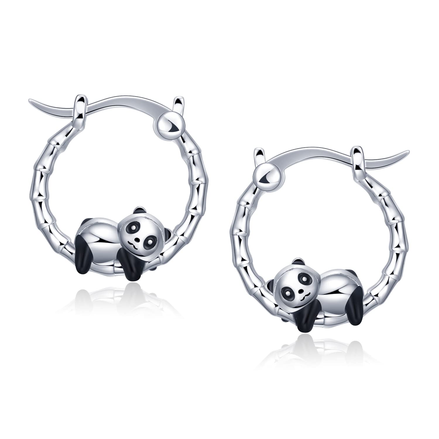 Panda Earrings Animal Huggie Hoops for Girls - Qings Sterling Silver Cute Black Enamel Small Bamboo Panda Bear Hypoallergenic Hoop Jewellery Earring Gifts for Women Daughter