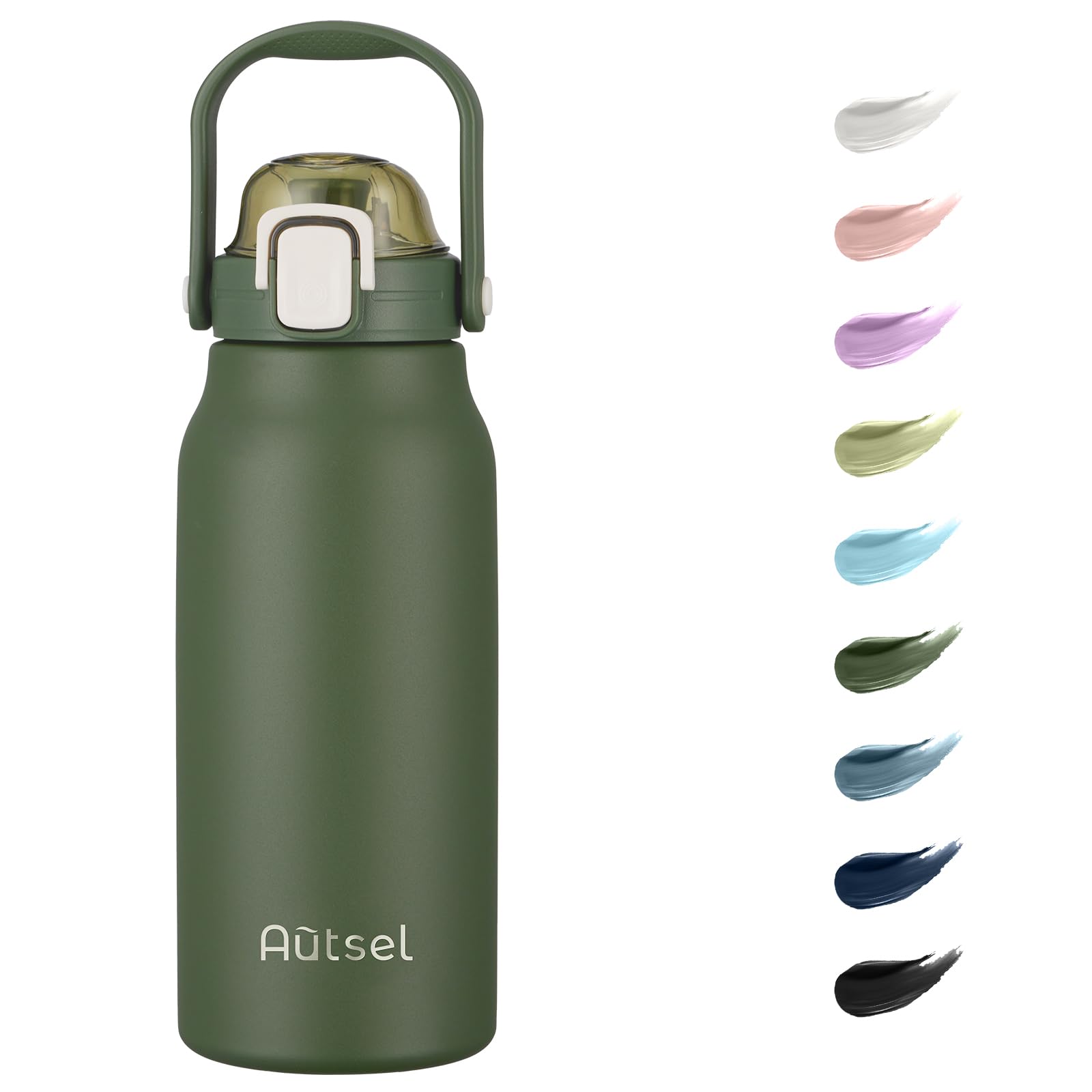 Autsel 1.7L Stainless Steel Water Bottle with Straw - Large Metal Flask with Handle - Double Walled Insulated Sports Bottle - Leakproof for Gym Sports, Military Green — image 1