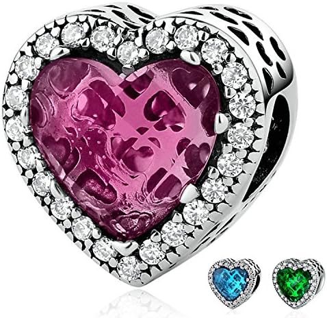 Sterling Silver Love Heart Bead Charms Red Blue Green Crystal Birthstone Charm fit Snake Chain Bracelets
