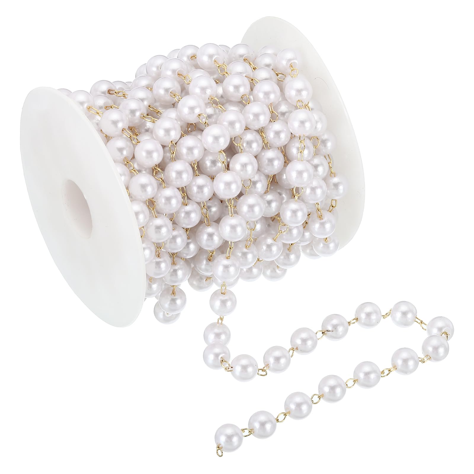 PATIKIL 5m/16 Feet Faux Pearl Beading Chain with Spool, 8mm Brass Chain Link for Decoration Making DIY Accessories Style 1, Light Gold