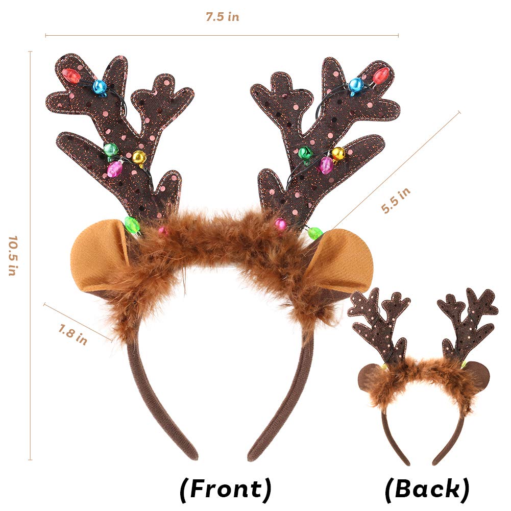HANSGO LED Reindeer Antlers Headband with Bells - Christmas Reindeer Ears