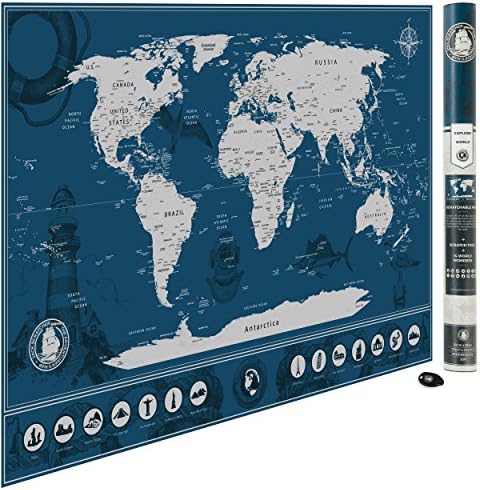 Jack Scratcher Scratch Off World Map – With World Wonders &amp; USA States – Extra Large 37” x 24.4” Silver Foil Poster – Perfect Gift For Travelers