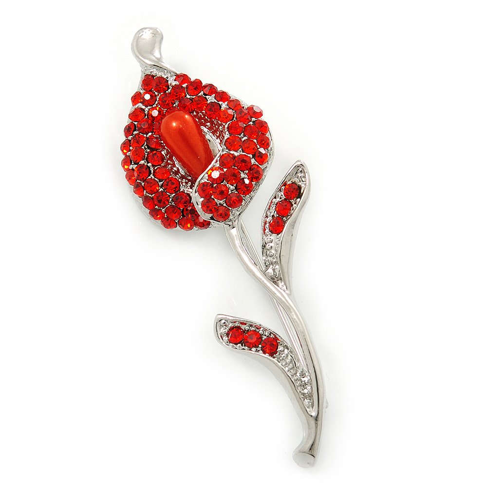 Red Crystal Calla Lily Brooch In Rhodium Plating