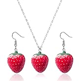 Dreuyet 3D Simulated Fruit Red Strawberry Necklace Earring Set for Women Sweet Fruit Charm Earrings Necklace Cute Food Fruit Strawberry Dangle Earrings
