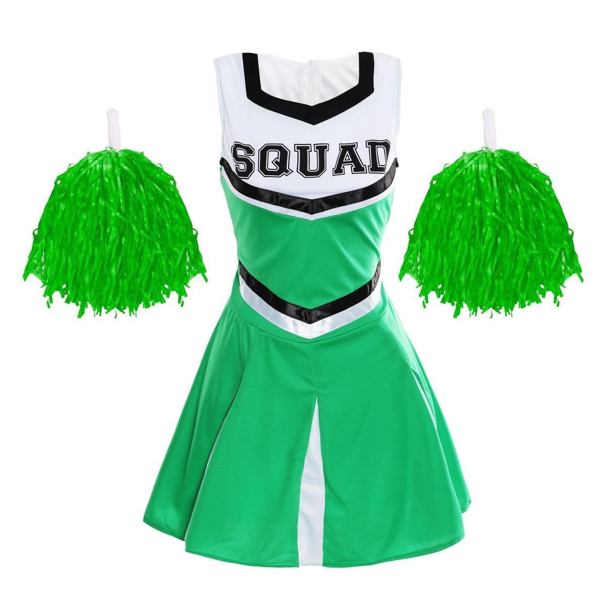Ladies Cheerleader Costume with Pom Poms - Womens Highschool American Style Fancy Dress Party Outfit (Green – UK 8-10)