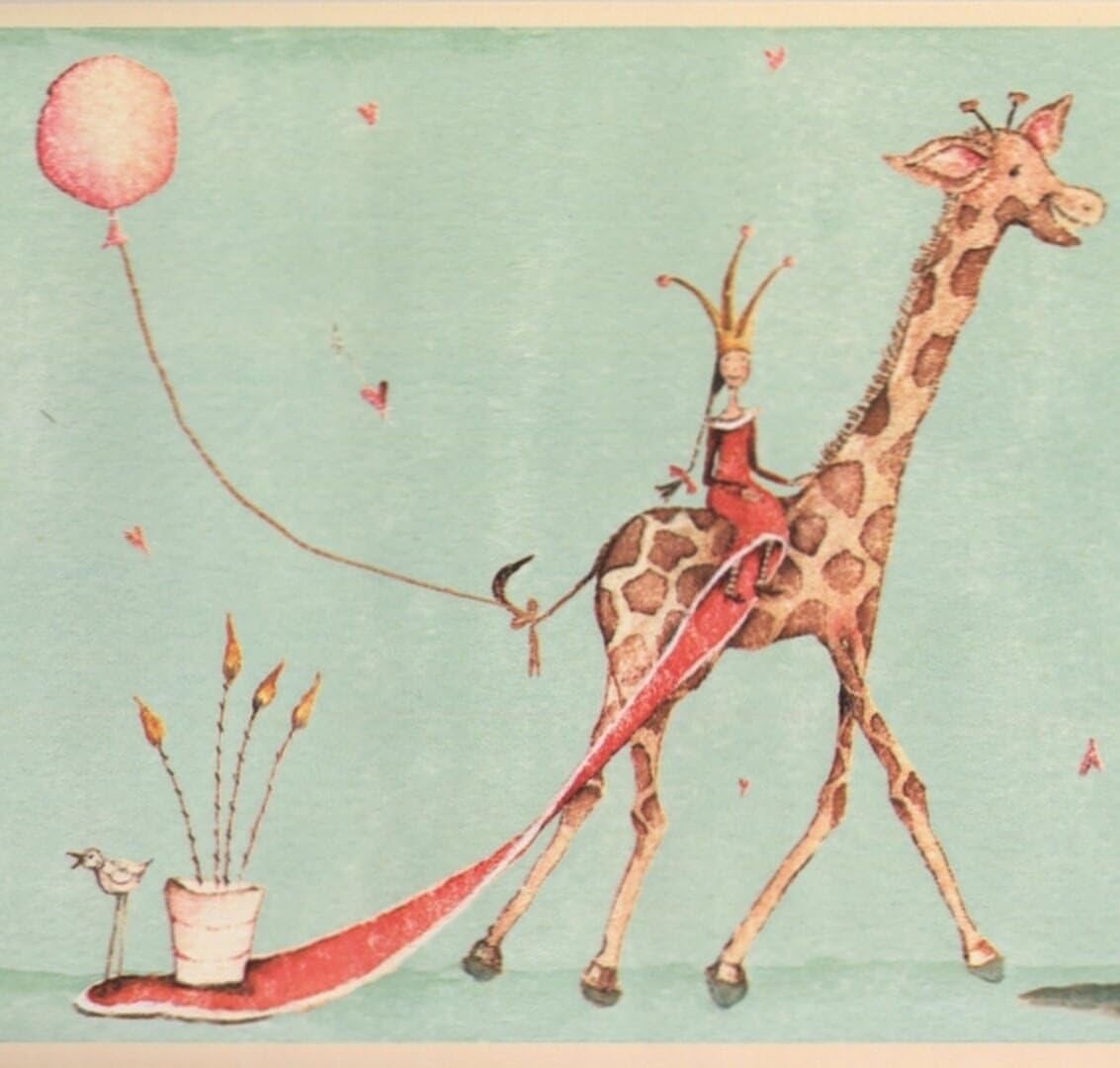 Crowned Princesses on Giraffe Hippo Mint Green Wallpaper Border Retro Design, Roll 15' x 9"