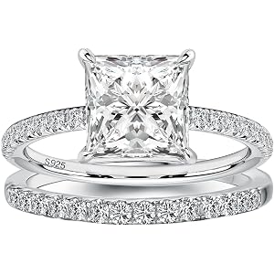 RODIFFY 2CT Princess Cut Moissanite Wedding Ring Set for Women | White Gold Plated D Color VVS1 Lab Created Bridal Engagement