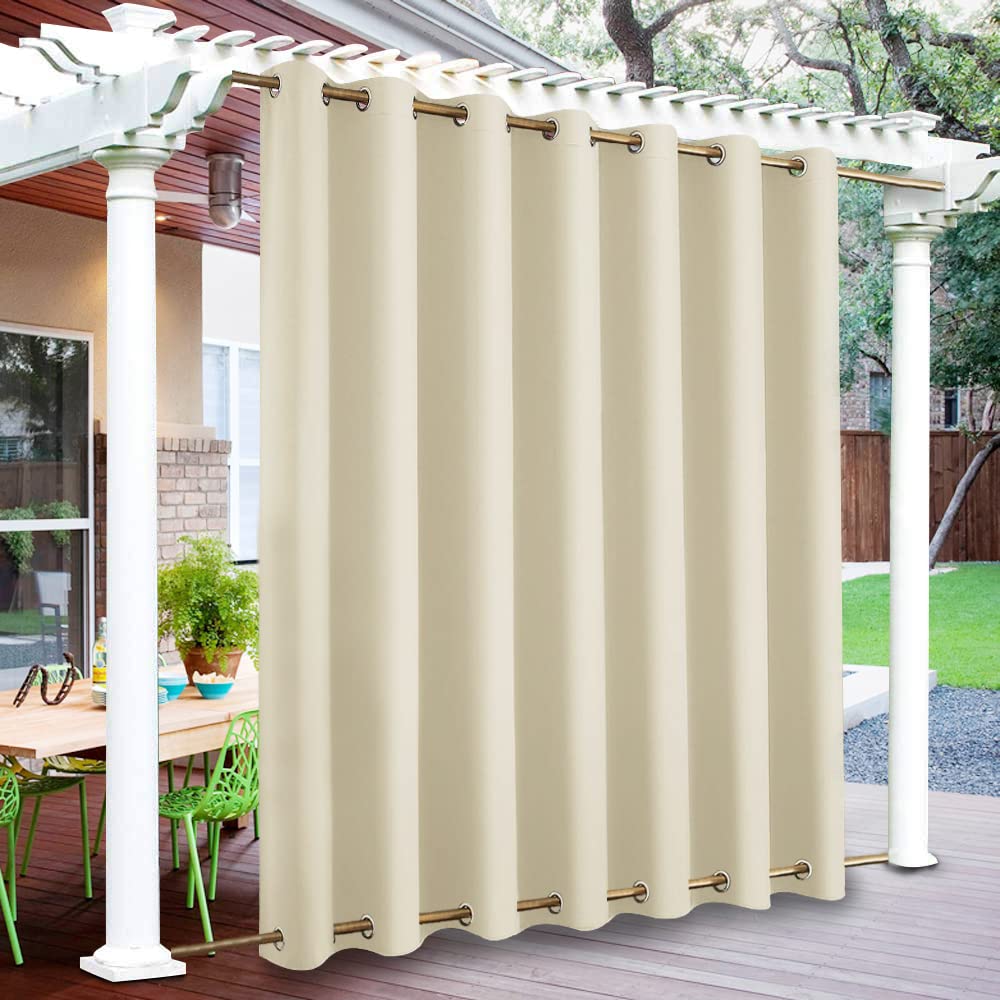 Rosnek Outdoor Curtains Waterproof,Thermal Insulated Pergola Curtain Blackout Gazebo Curtain Waterproof Windproof with Drape Eyelet Top and Bottom,Beige,100W''x 96L'',1 Panel